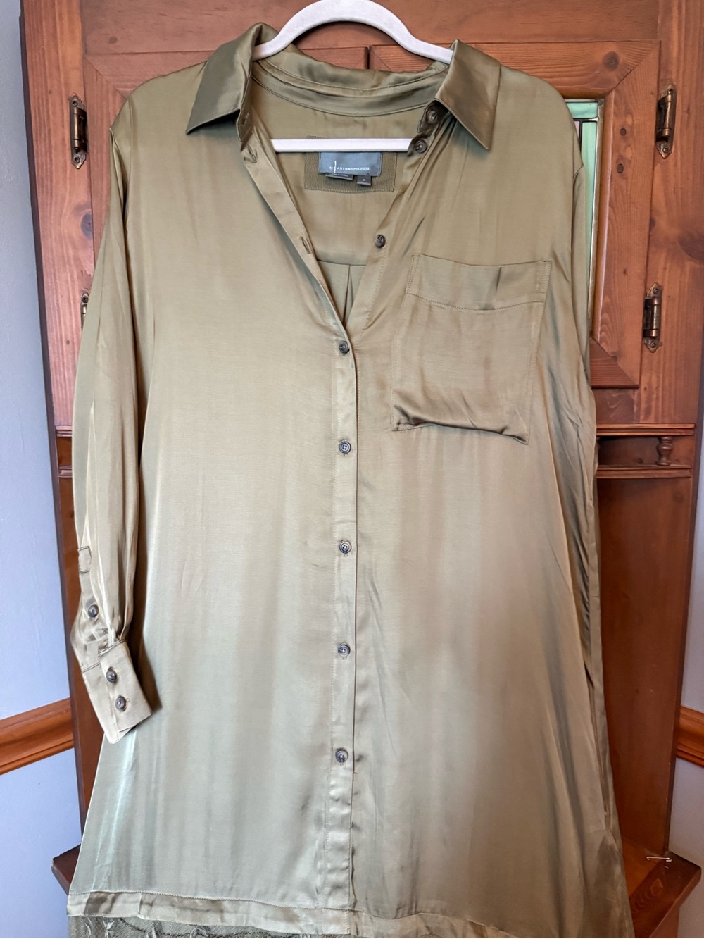 Anthropologie Lace Mix Twofer Satin Maxi Dress olive green satin button-down M - Picture 8 of 16